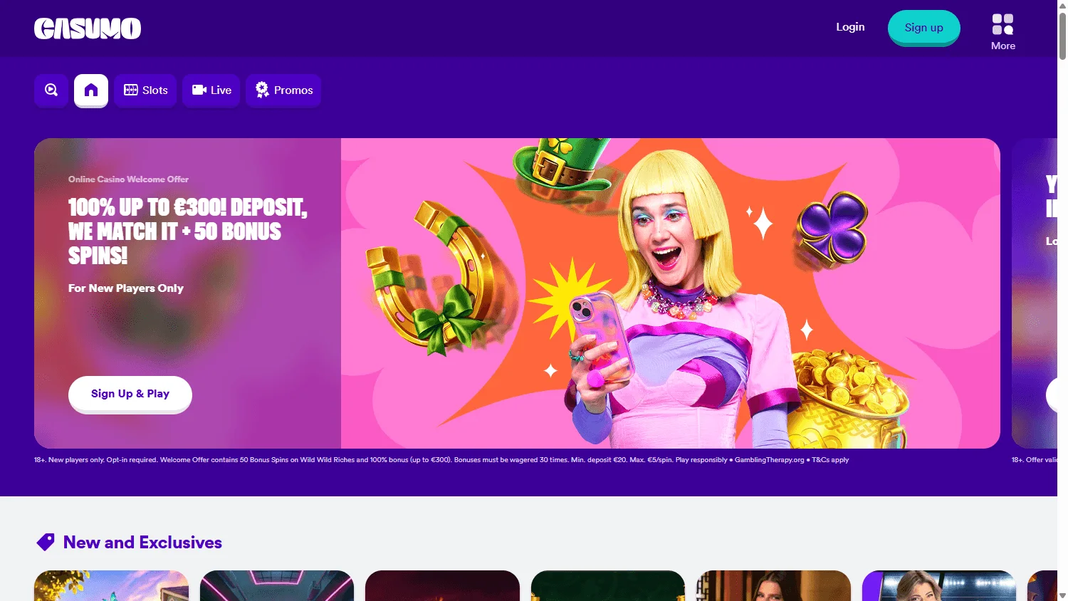 Casumo Casino desktop home screen