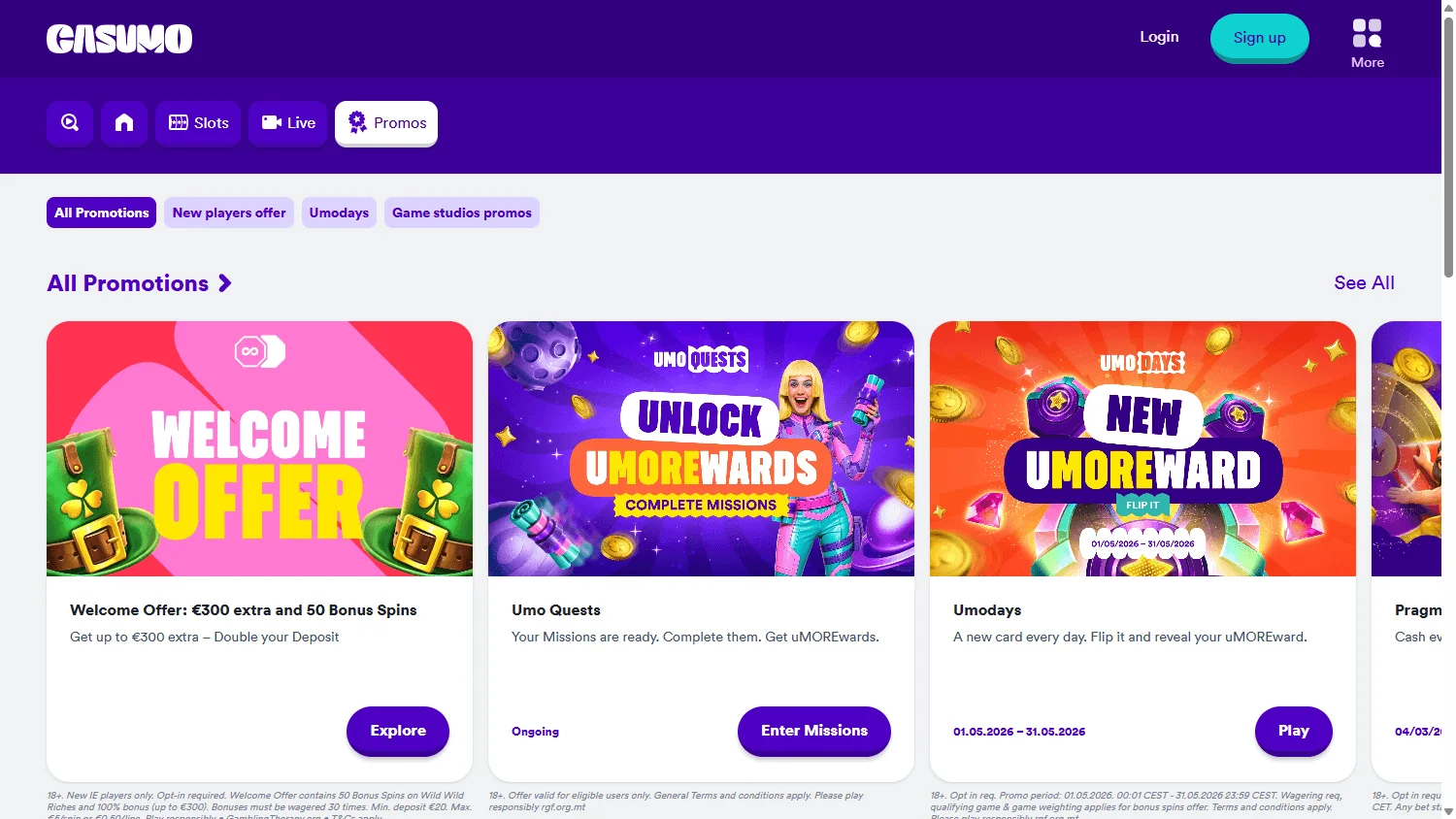 Casumo Casino desktop promotions area
