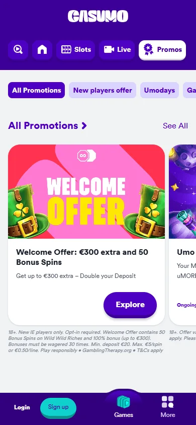Casumo Casino mobile browser promotions area